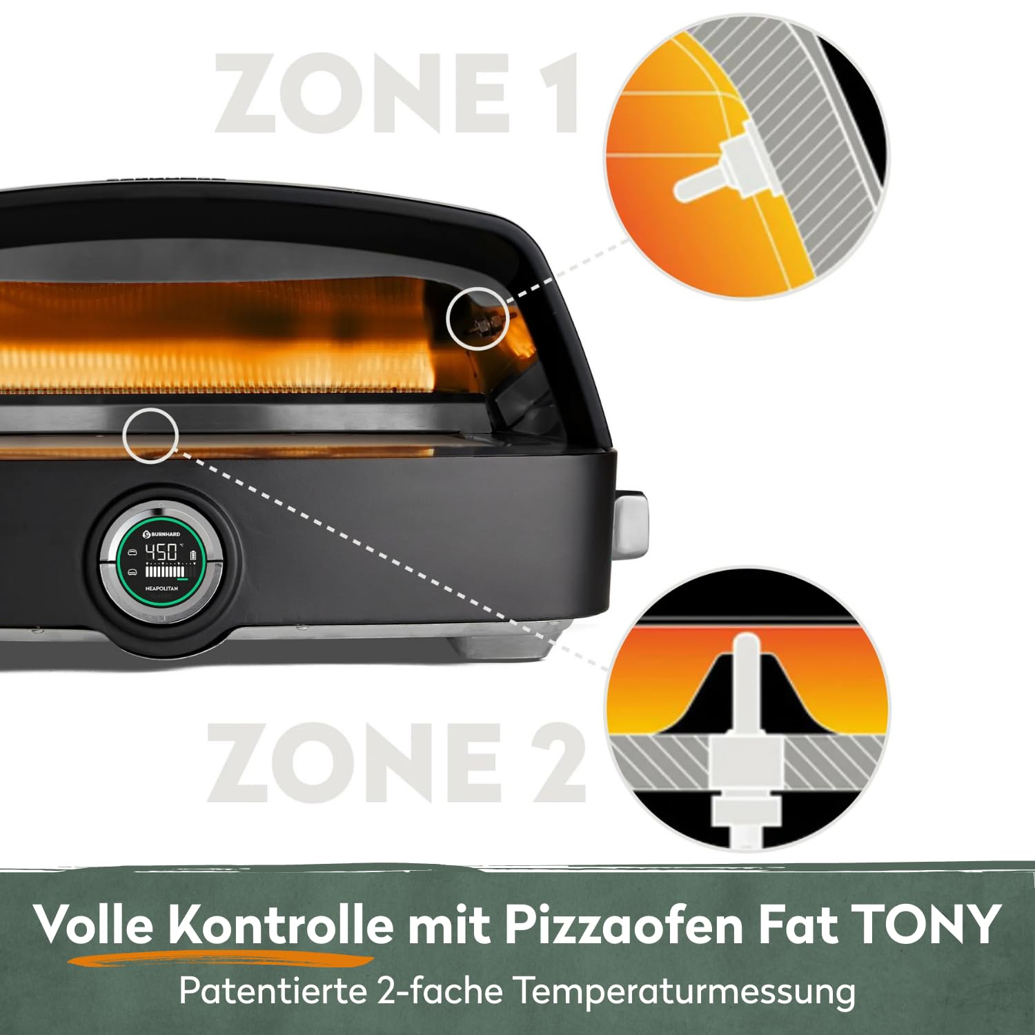 BURNHARD Gas-Pizzaofen FAT TONY, 450 °C – 650 °C, 8 kW Outdoor Ofen für Pizza (62,5 x 57,5 x 28,5 cm) inkl. Cordierit-Pizzastein, geeignet für Terrasse, Balkon und Garten