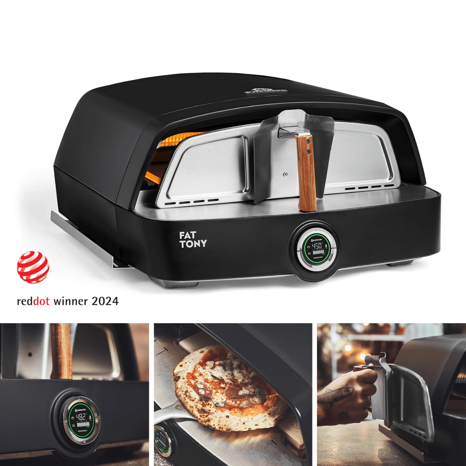 BURNHARD Gas-Pizzaofen FAT TONY, 450 °C – 650 °C, 8 kW Outdoor Ofen für Pizza (62,5 x 57,5 x 28,5 cm) inkl. Cordierit-Pizzastein, geeignet für Terrasse, Balkon und Garten