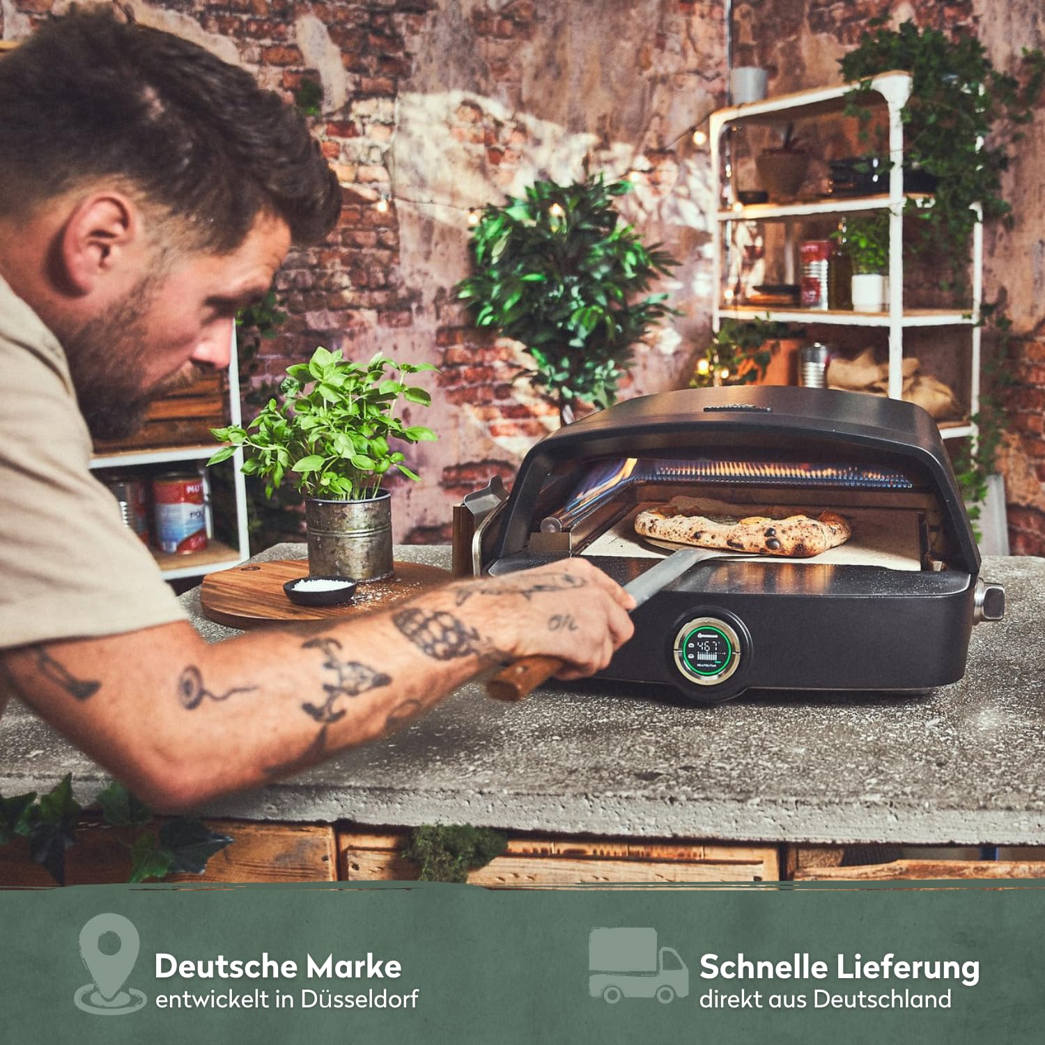 BURNHARD Gas-Pizzaofen FAT TONY, 450 °C – 650 °C, 8 kW Outdoor Ofen für Pizza (62,5 x 57,5 x 28,5 cm) inkl. Cordierit-Pizzastein, geeignet für Terrasse, Balkon und Garten