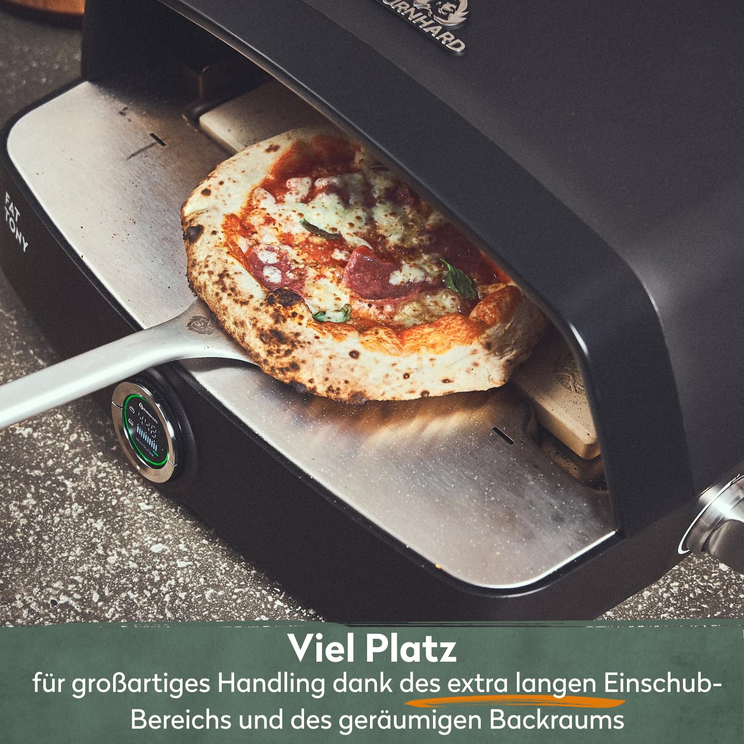 BURNHARD Gas-Pizzaofen FAT TONY, 450 °C – 650 °C, 8 kW Outdoor Ofen für Pizza (62,5 x 57,5 x 28,5 cm) inkl. Cordierit-Pizzastein, geeignet für Terrasse, Balkon und Garten