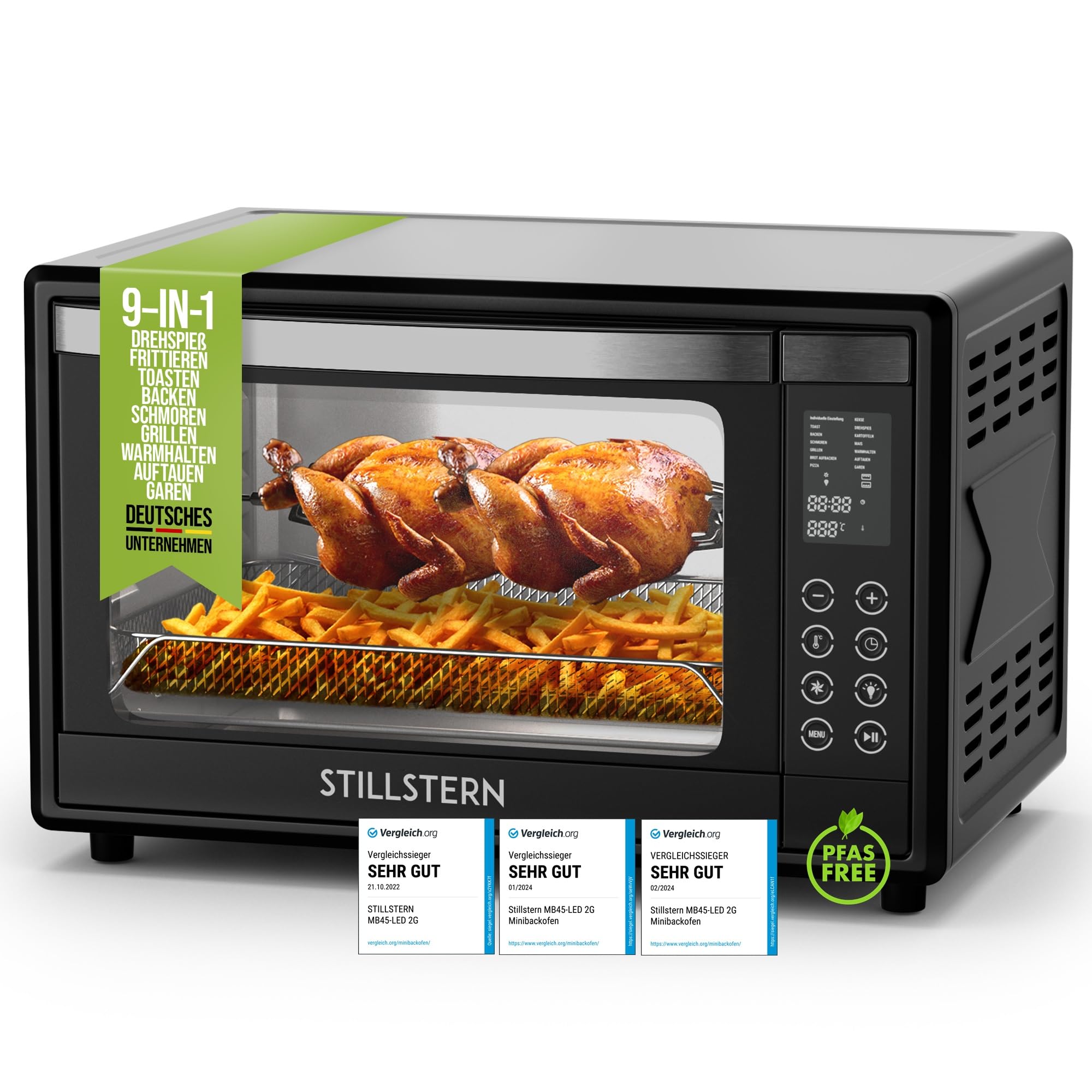 Stillstern Minibackofen mit Umluft 45L (DE Vers) Pizza Ø32, CYCLONE PRO+ Antihaftbesch, 13 Prog, Auftauen&Warmhalten, 8h Timer, Camping Mini Backofen mit Umluft Pizzaofen Mini Ofen klein Hähnchengrill