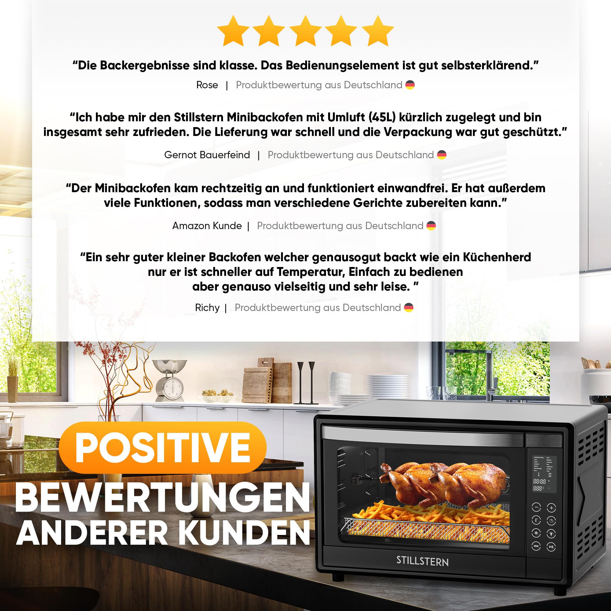 Stillstern Minibackofen mit Umluft 45L (DE Vers) Pizza Ø32, CYCLONE PRO+ Antihaftbesch, 13 Prog, Auftauen&Warmhalten, 8h Timer, Camping Mini Backofen mit Umluft Pizzaofen Mini Ofen klein Hähnchengrill